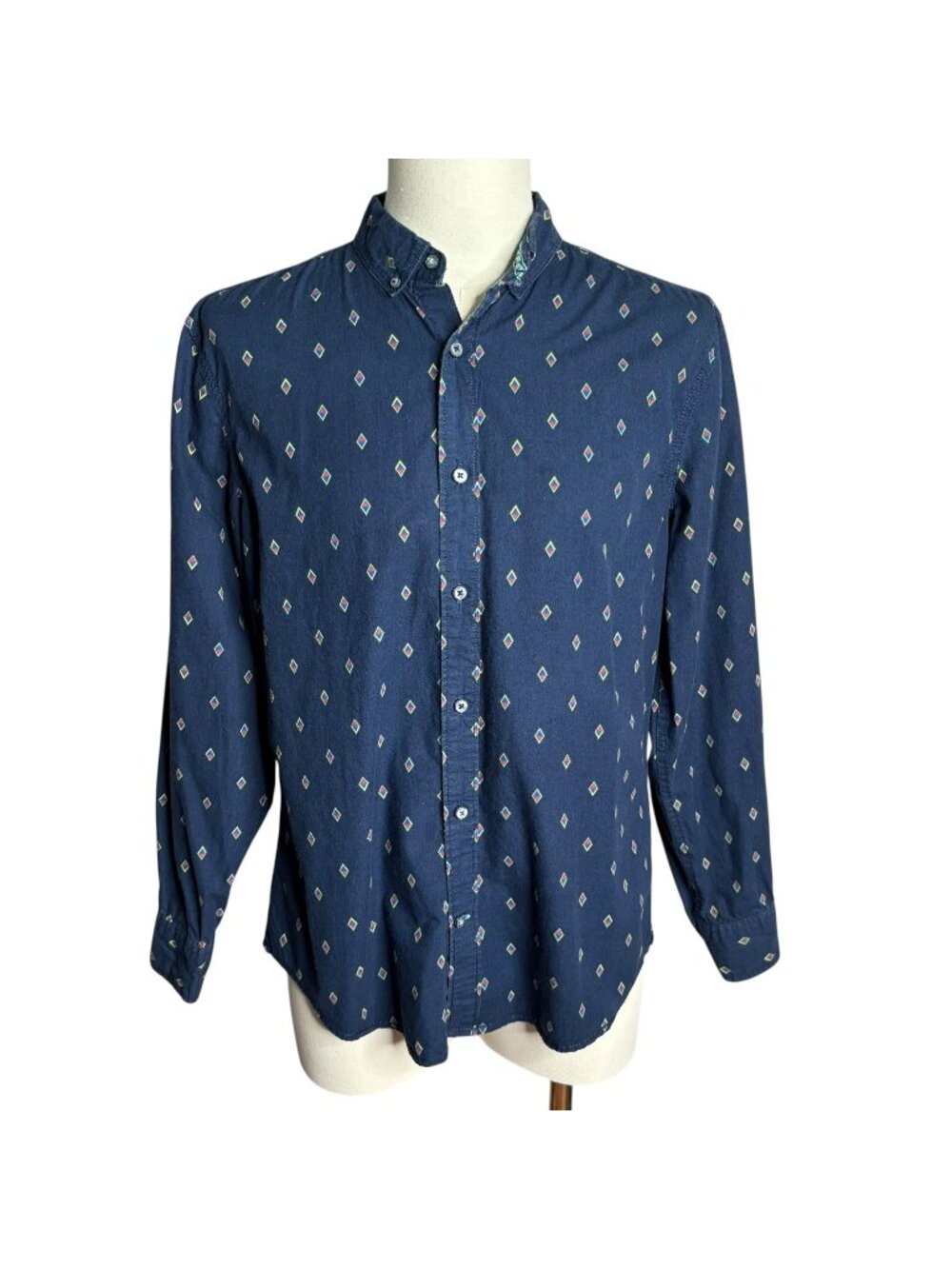 Geometrix Slim Fit Button Down Shirt Medium Blue Geometric Diamonds Long Sleeve